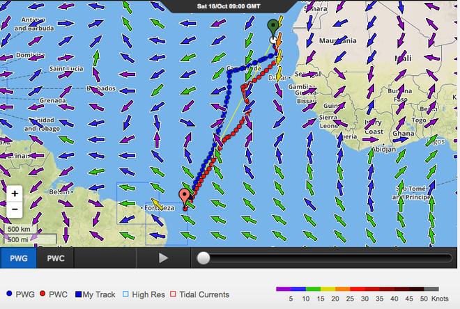 0940 UTC, Leg 1, Day 6 recommended route options - the blue route is the fastest in terms of time by 13hours. © PredictWind http://www.predictwind.com